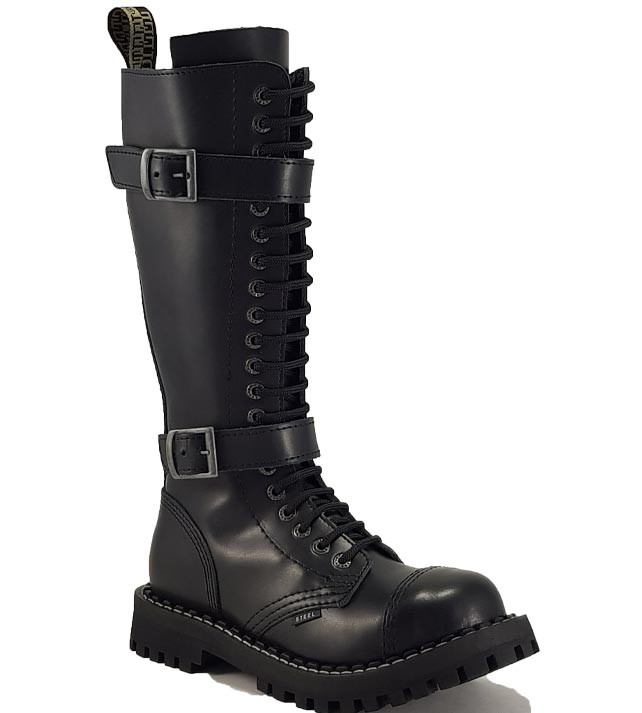 Steel Ground Combat Boots Black Leather 30 Eyelets Box Safety Under Cap Punk