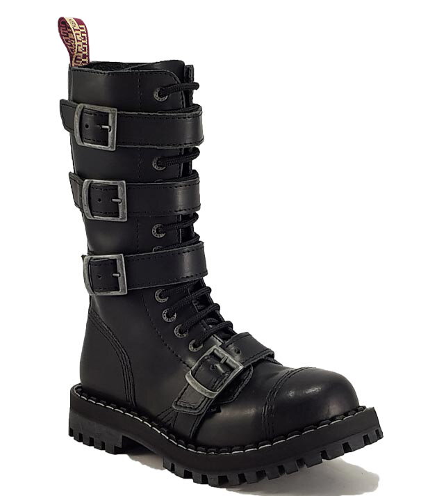 Steel Boots 15 Eyelets Black 4 Buckles Zip
