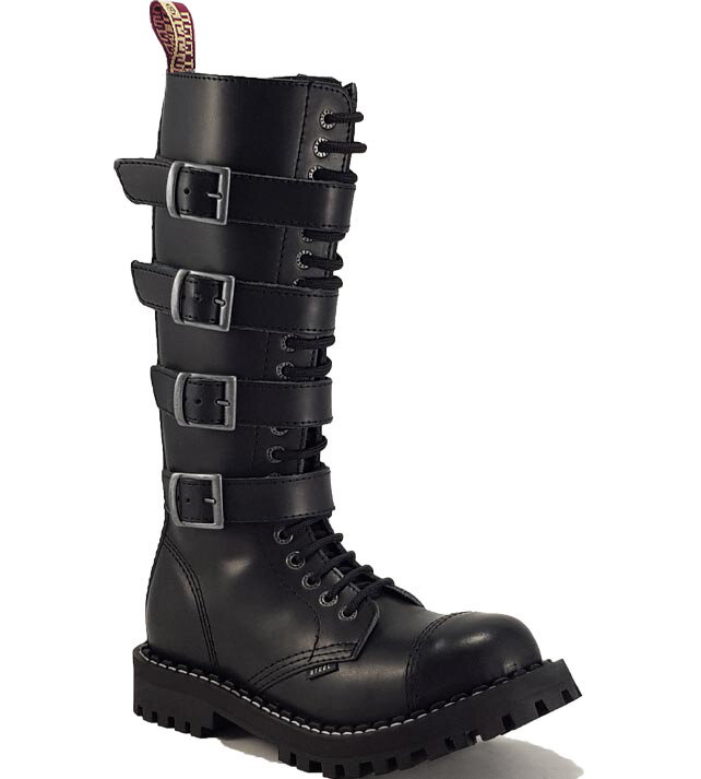 Steel Boots 20-Eyelets Black 4 Buckles & Zip | Knee-High Goth Boots