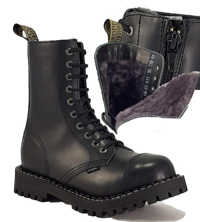 Steel Boots 10 Eyelets Black Fur With Zip STEEL Shoes Boots