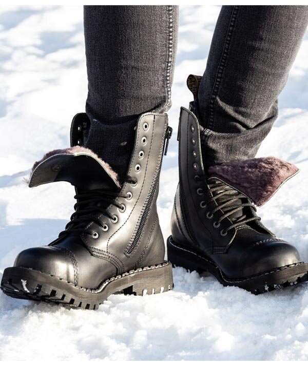 Steel Boots 10 Eyelets Black Fur With Zip STEEL Shoes Boots