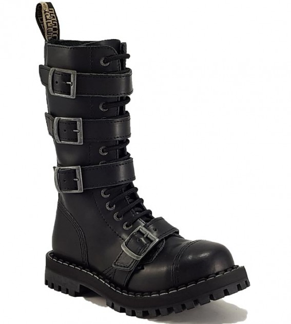 Steel Boots 20 Eyelets Black 4 Buckles Zip