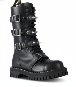 Steel Boots 15 Eyelets Black 4 Buckles Zip Pyramid 