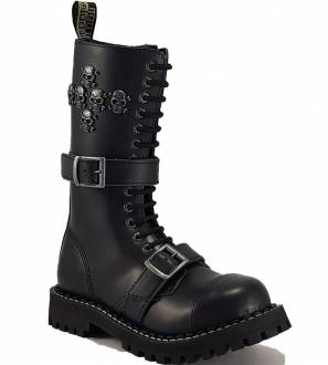 Steel Boots 15 Eyelets Black With Skulls ZIP, Buckles